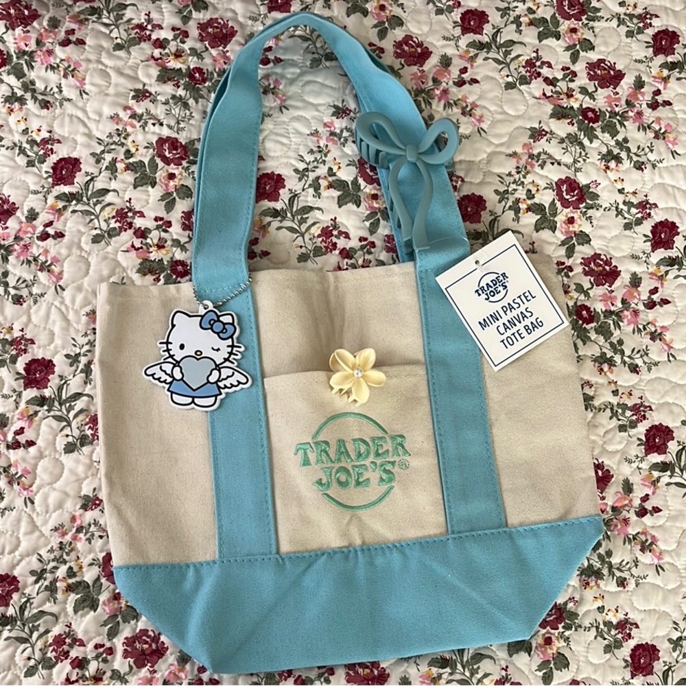 Trader Joe’s Stylish pastel Blue and Cream Canvas Tote Bag